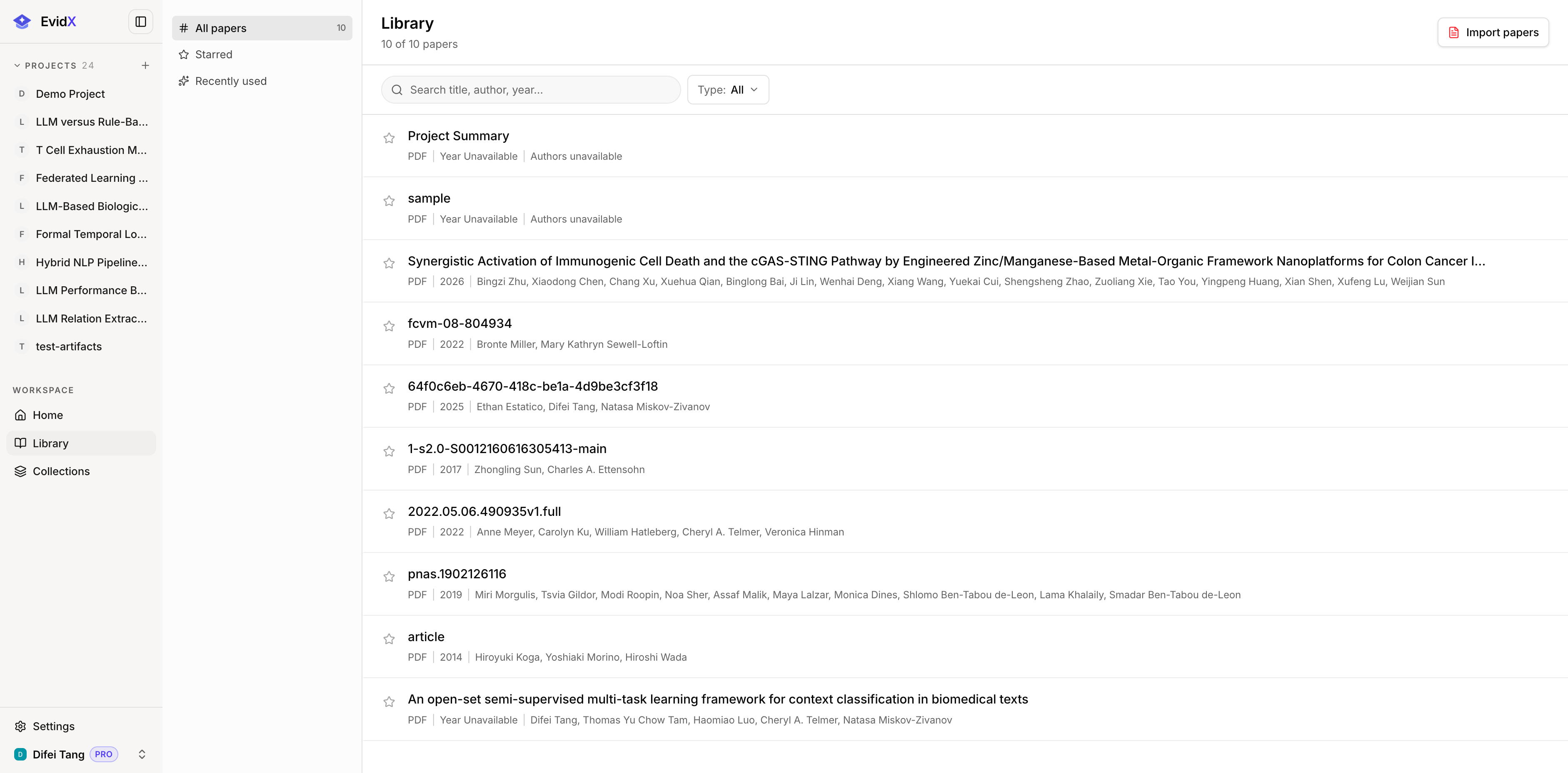 The source library with papers and uploaded documents