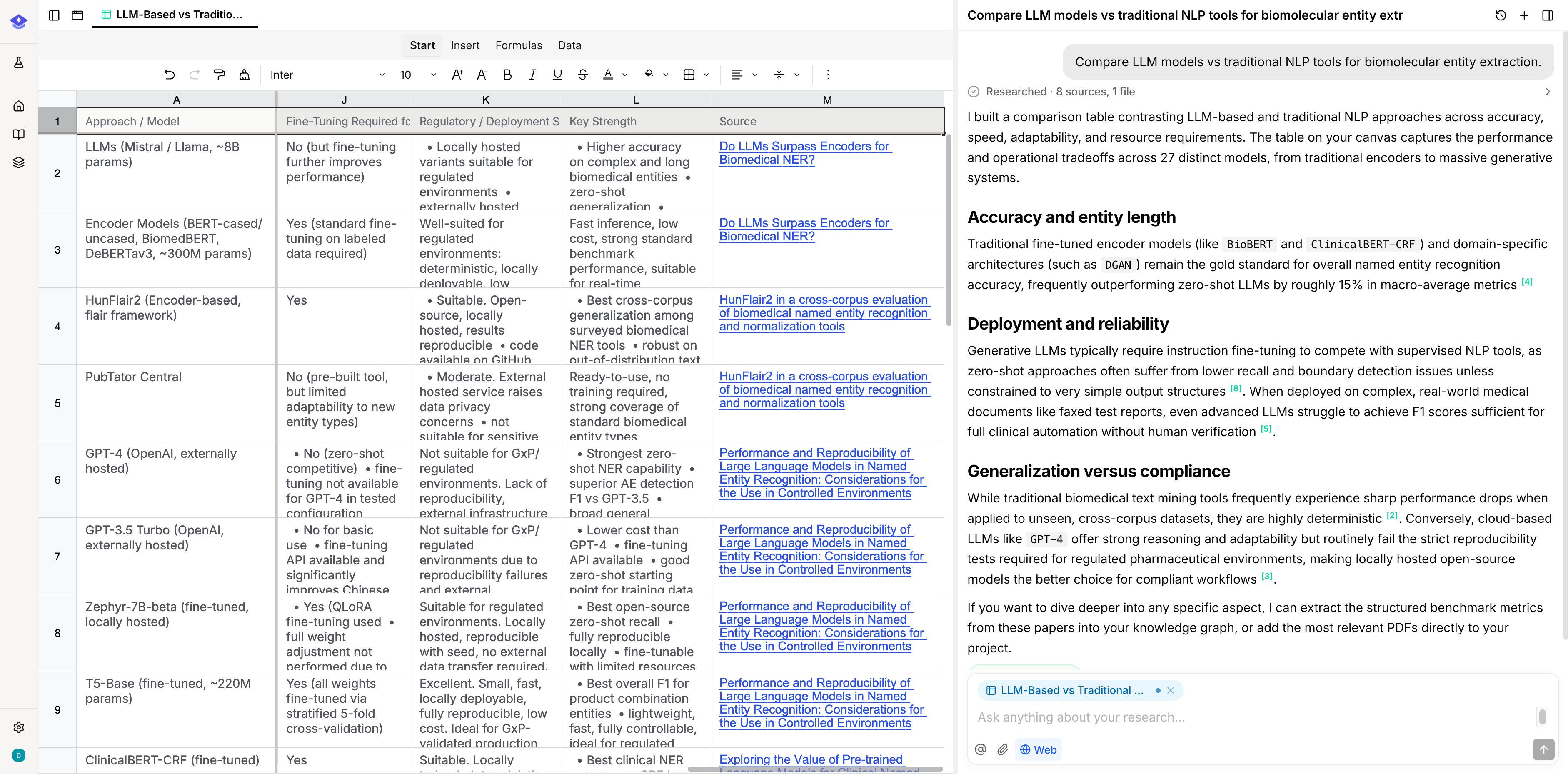 A generated comparison table built from the notebook's sources